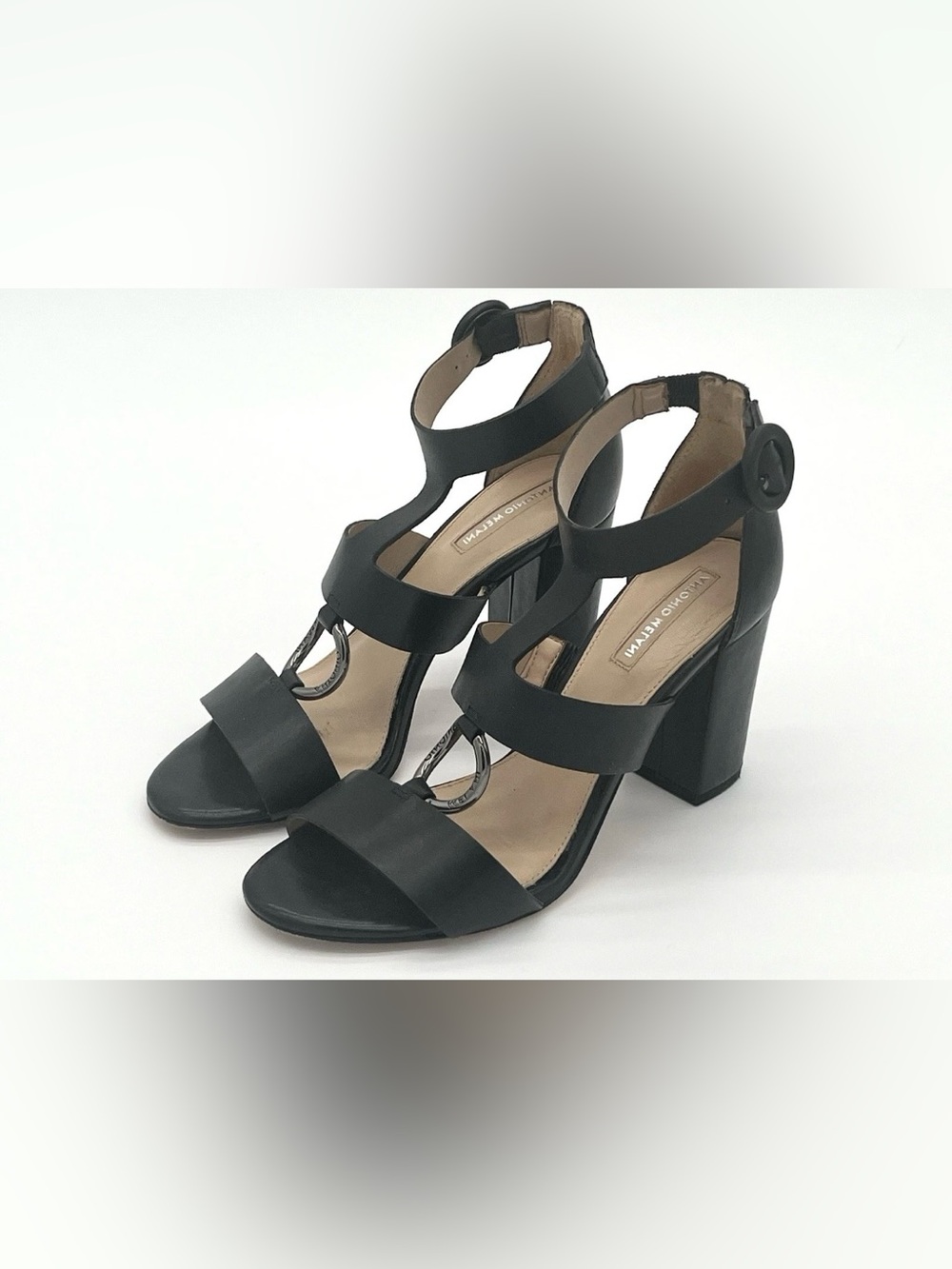 Antonio Melani Olyvian Black Genuine Leather Black Sandals Size 7M Block Heel